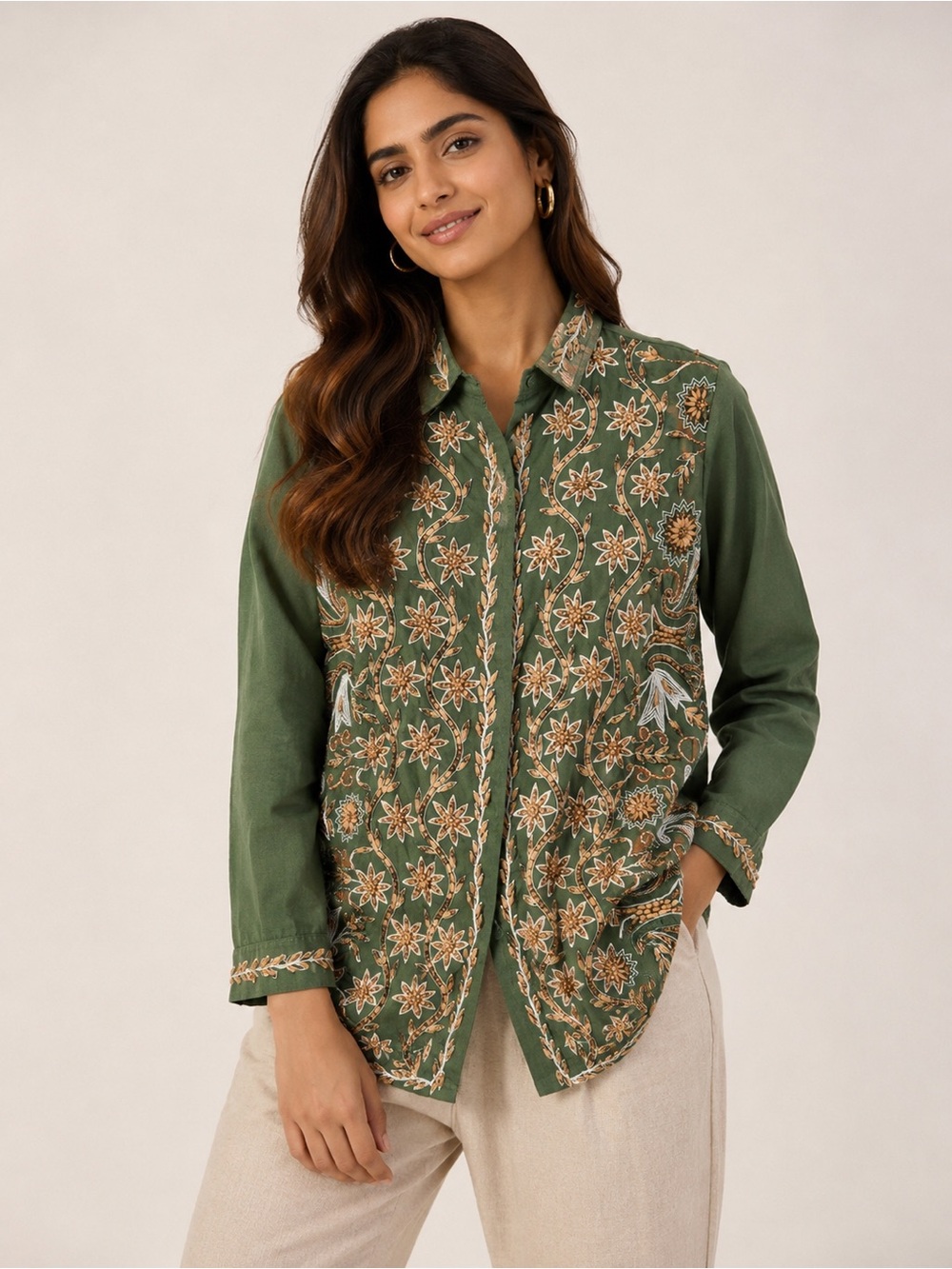 Handmade Olive Green Embroidered Wooden Bead Tunic Top Boho Artisan Shirt M